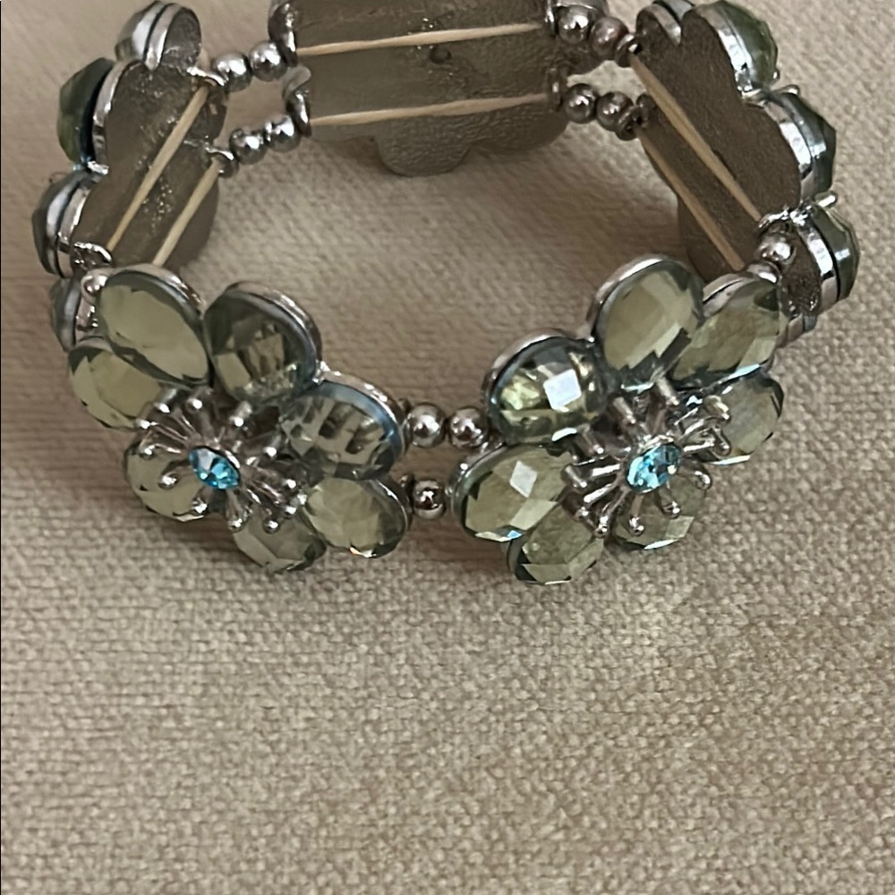 Silver and Blue Stretch Bracelet with Crystal Embellishments